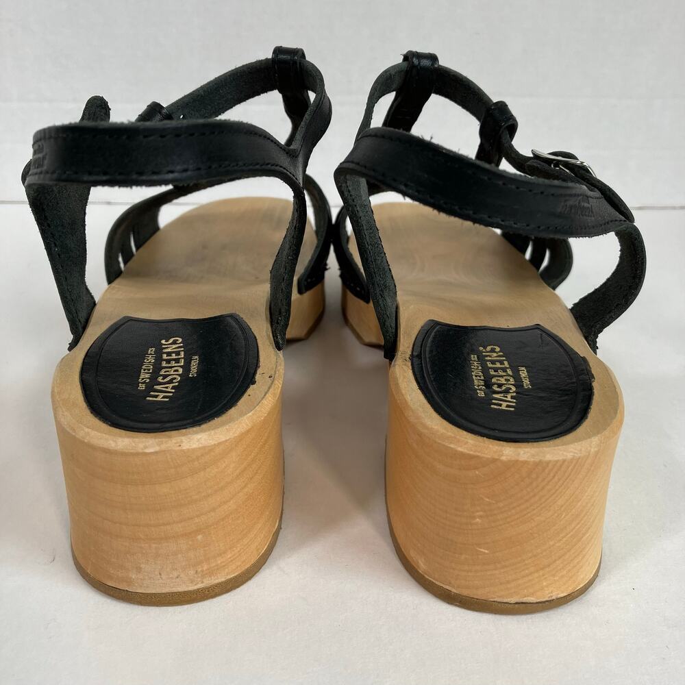 Swedish Hasbeens Ulla Low Sandals Size US 11 EU 41 Black Leather Wood Platform - Picture 8 of 16